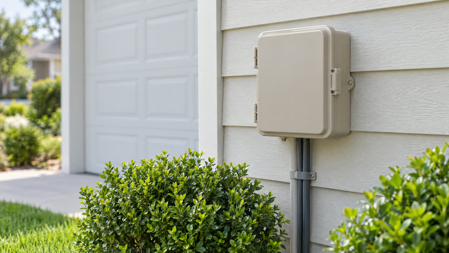 An irrigation controller box mounted on the side of a house