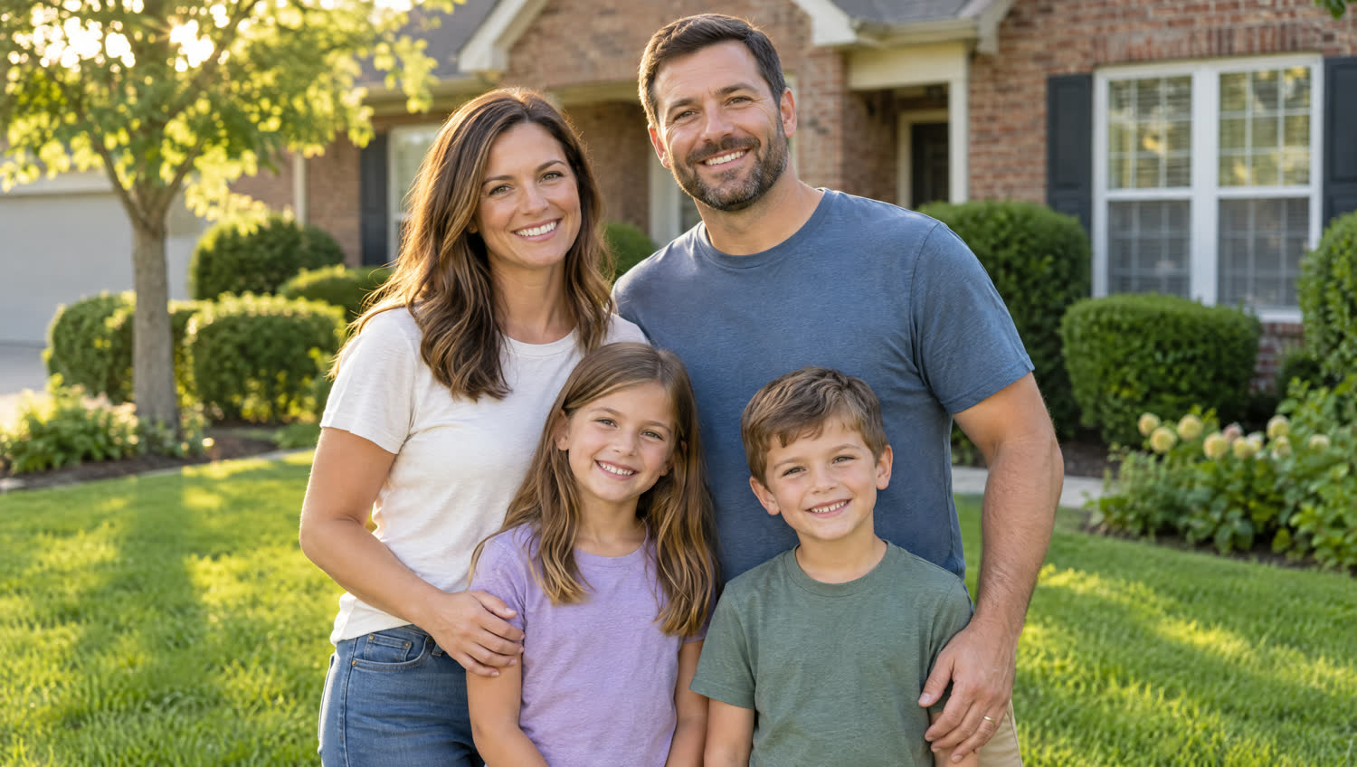 A family of four standing on the lawn in front of their home
