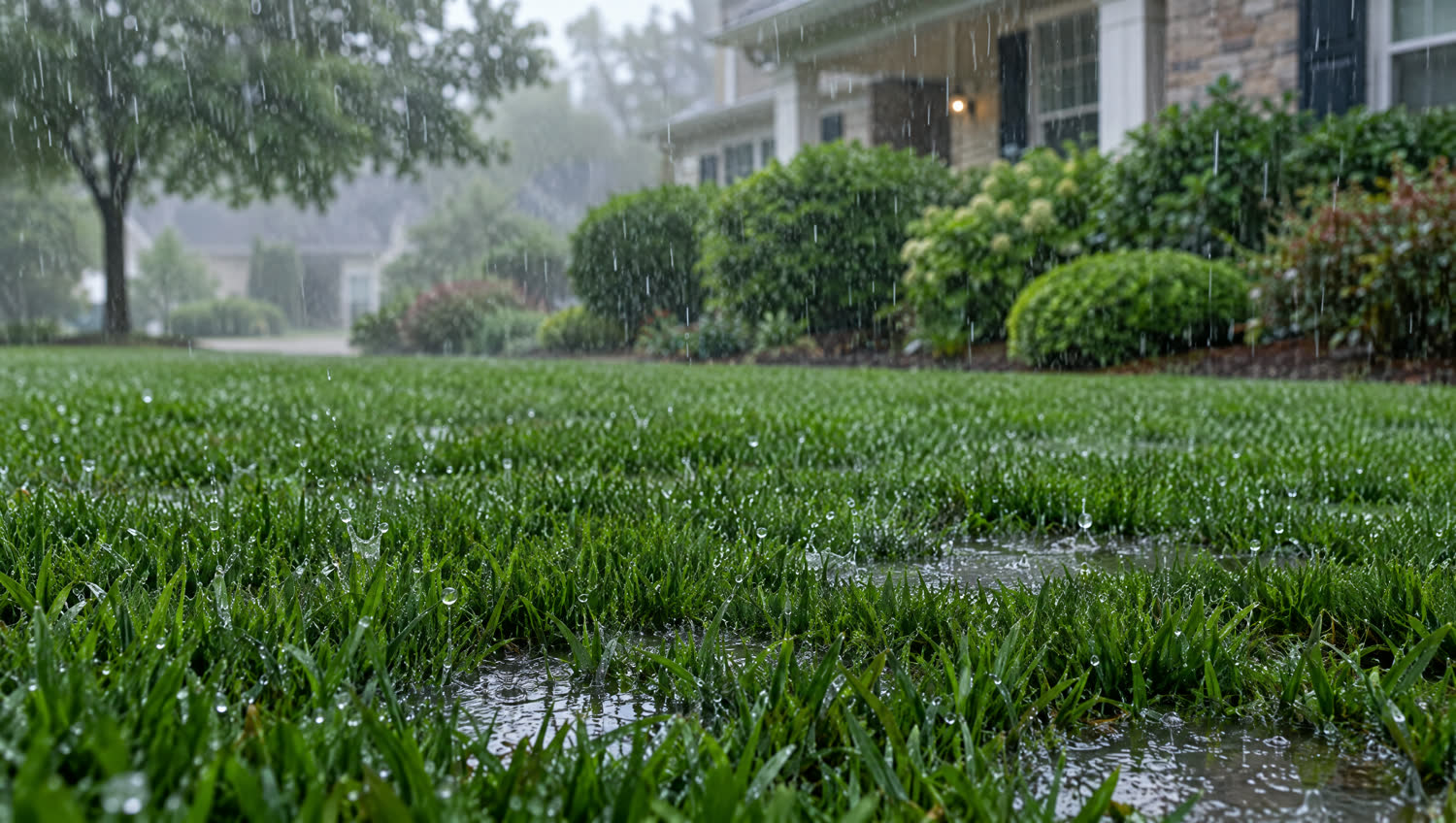 Rain falling on a green lawn