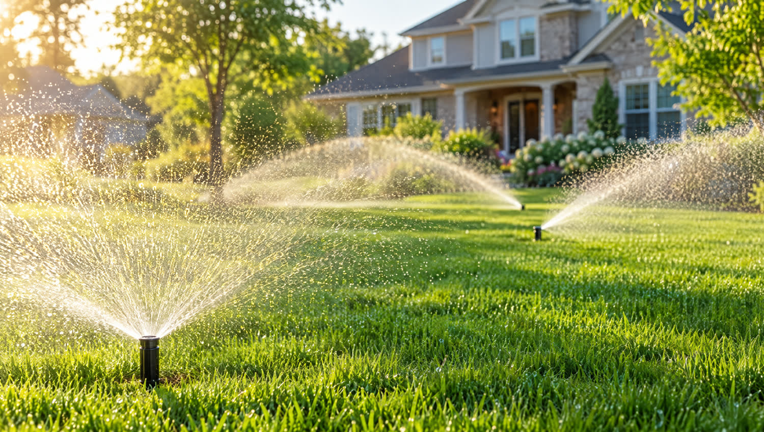 Several sprinklers watering a green lawn