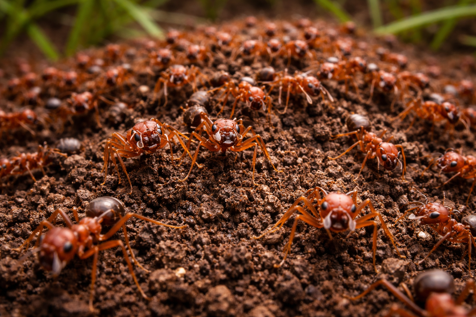 A colony of red ants on soil, busy and active.
