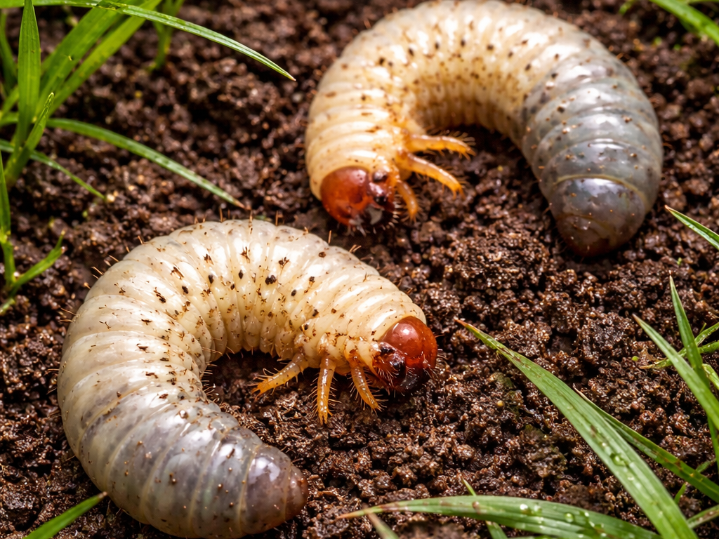 Close-up of two white grubs on soil.
